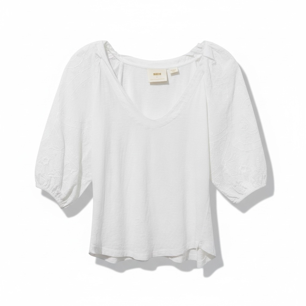 Maeve Anthropologie Harmony Lace Top Puff-Shoulder Size Medium White V Neck